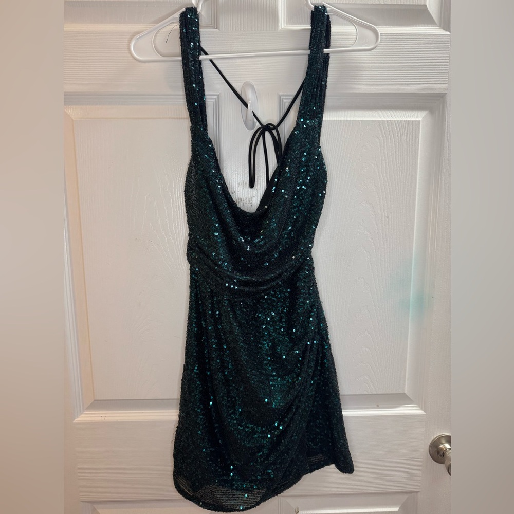 Lucy in the Sky Emerald Teal Sequin Cowl Mini Dress